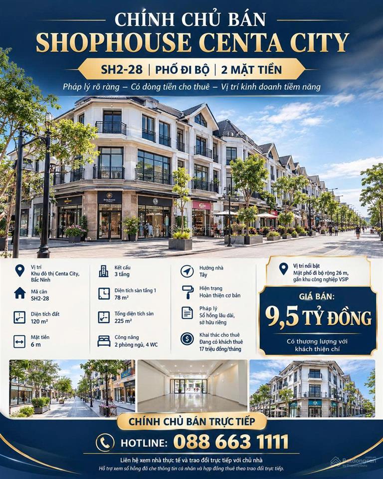 Cần bán gấp căn shophouse sh2 centa city mặt phố đi bộ, đang cho thuê 17tr/tháng