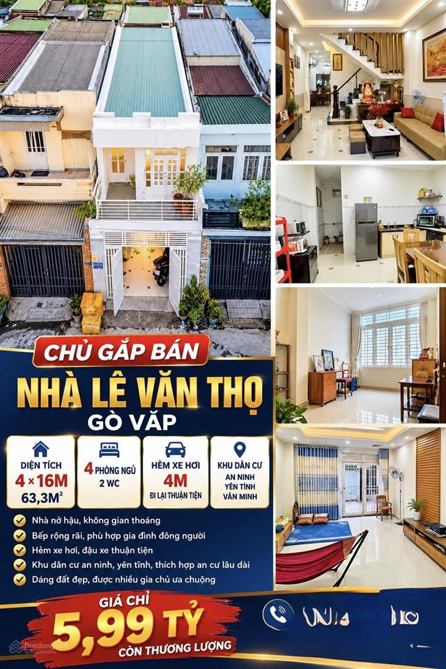 Chỉ 5 tỷ 990 gấp bán nhà lê văn thọ gò vấp 63,3m hẻm xe hơi 4pn 2 wc