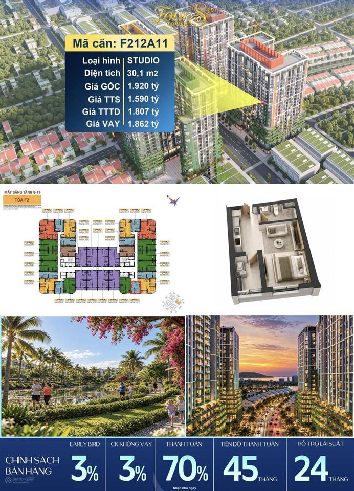 Studio tầng cao f2 fours tower giá hời giỏ hàng 30,1 m2 chỉ 1,590 tỷ