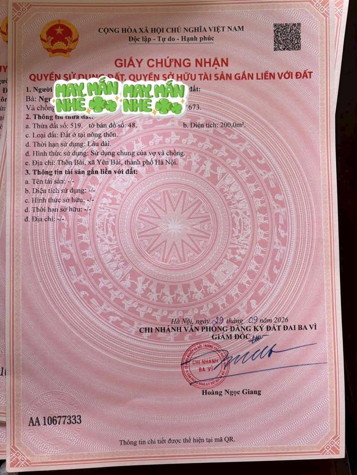 Sổ mới toanh 500m2 thổ cư tận 350m đã chia sẵn làm 2 sổ tại thôn bài yên bài.
