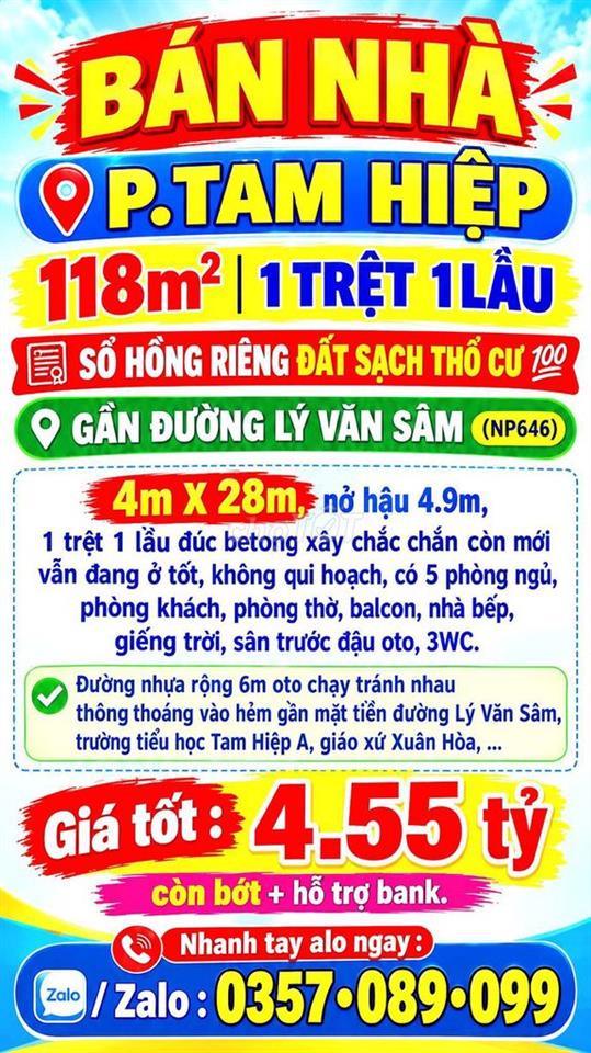 118m2 BÁN NHÀ TAM HIỆP, 1 TRỆT 1 LẦU, GẦN ĐƯỜNG LÝ VĂN SÂM, ĐƯỜNG 6m