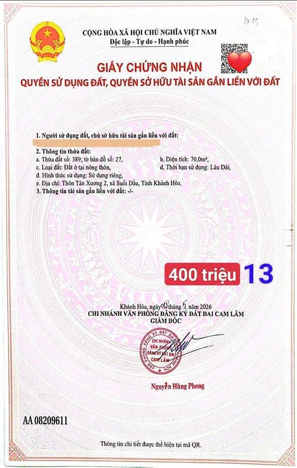 Sót lô góc 3 mặt tiền suối cát 70m² full thổ 400tr 0333 039 ***