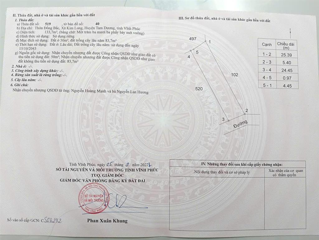 Bán đất 133m2 tại đường 310, kim long, tam dương, 750 triệu vnd