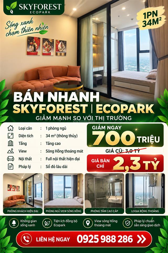 Bán căn 1 ngủ sky forest residences ecopark 34m full đồ giá 2,280 tỷ bao phí