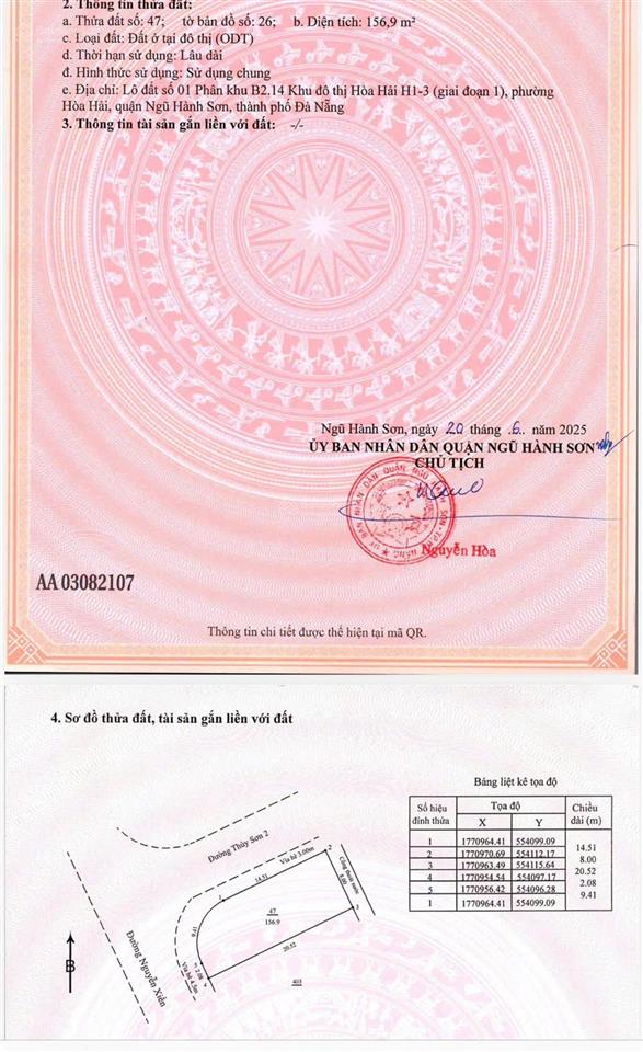 157m2/15 tỷ. đất 2 mặt tiền đường nguyễn xiển và thủy sơn 2. sát bãi tắm sơn thủy