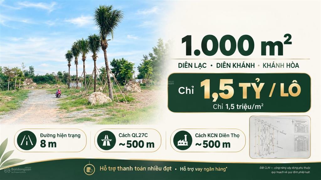 Bán đất cln 1.000m² tại diên lạc, diên khánh giá chỉ 1,5 triệu/m²