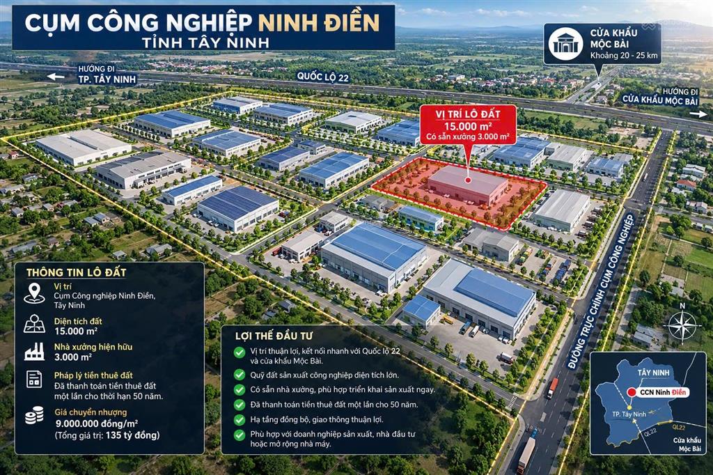 Cần chuyển nhượng đất sản xuất công nghiệp ninh điền, tây ninh, 15.000 m2, giá 135 tỷ