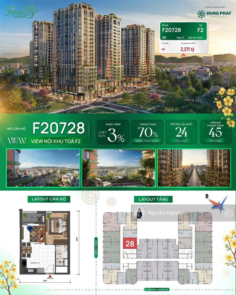 Fours tower f2 căn hộ 1pn 41,8 m2 giá từ 1,88 tỷ