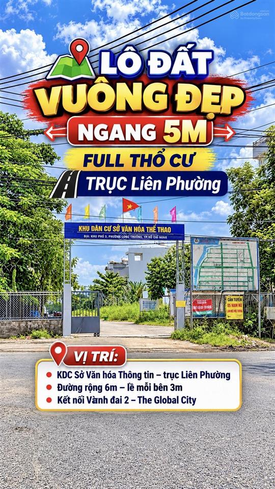 Lô đất vuông đẹp 85m2 full thổ cư trục liên phường