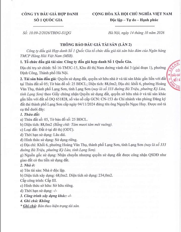 Tb bán đấu giá quyền sử dụng đất tại phường hoàng văn thụ, tỉnh lạng sơn