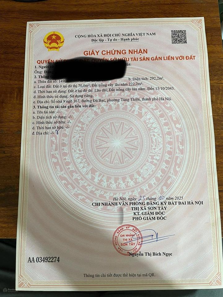 Bán gấp lô đất có diện tích 292,2m2 tại đường tùng thiện, phường xuân khanh, sơn tây, hà nội