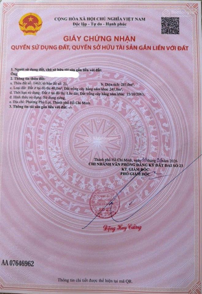 Bán đất xây nhà vườn trung tâm phường phú lợi cách đường huỳnh văn lũy 50m
