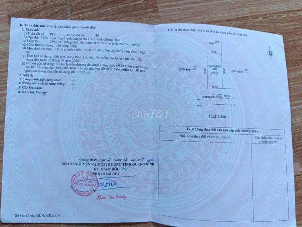 cần bán đất thổ cư mặt tiền đường Thôn 4, Lâm Trạch