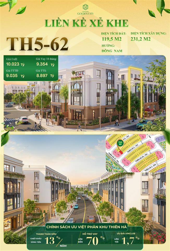 Bán liền kề xẻ khe th562 vinhomes golden city, 119,5m2, giá từ 6,228 tỷ