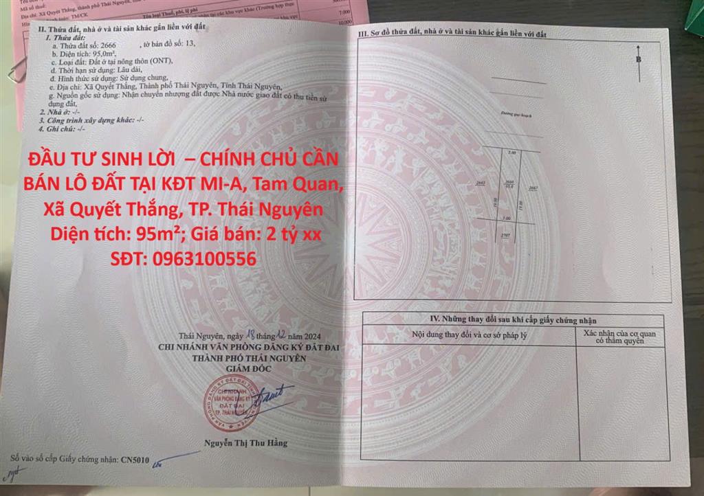 ĐẦU TƯ SINH LỜI – CHÍNH CHỦ CẦN BÁN LÔ ĐẤT TẠI KĐT MI-A, Tam Quan, Xã Quyết Thắng, TP.