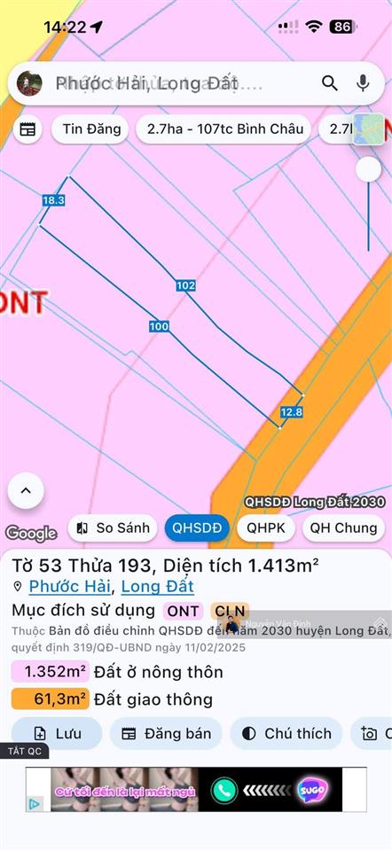 Diện tích 1413m2 (12.8 x 100m, nở hậu 18m), có sẵn 100m2 thổ cư. mặt tiền đường nhựa, giá 2 tỷ 7