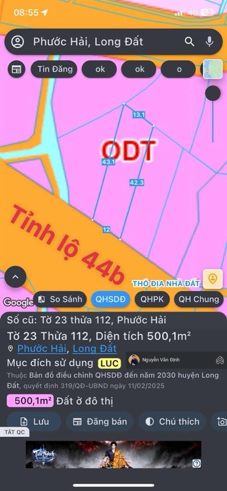 Trục chính mặt tiền tỉnh lộ 44b phước hải ra biển 5 phút dt 500m2 ngang 12x4260 thổ cư3ty5