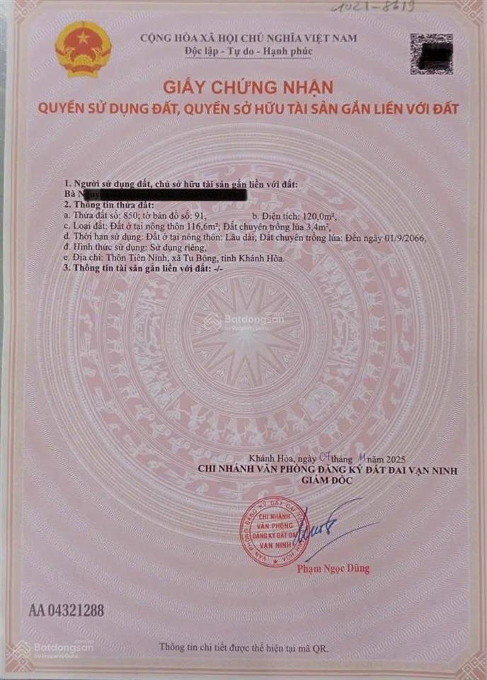 Bán đất tiên ninh, tu bông, khánh hòa giá chỉ 16tr/m2