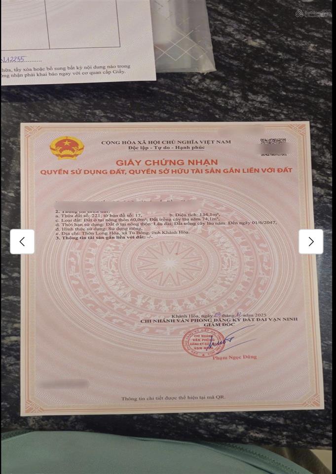Bán đất mặt tiền đường bê tông tu bông vạn ninh