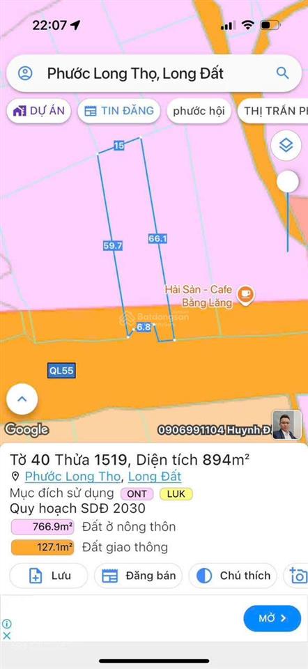Mặt tiền quốc lộ 55 phước long thọ long đất brvt cách cổng khu công nghiệp đất đỏ chỉ 500m