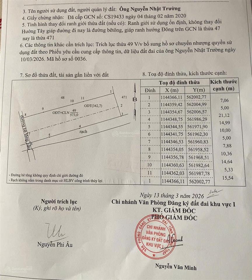 Cần bán đất đẹp 576m2, có 343.7m2 thổ cư, dt 12,88m x 45m. giá tốt chỉ 1.490 tỷ. 0932 788 ***