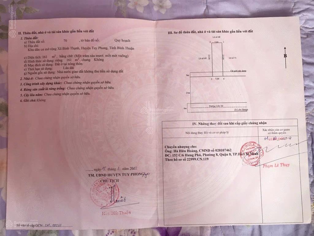 Bán đất khu dân cư bình thạnh, tuy phong, bình thuận cũ 161m2 ngang 7m giá 2,3 tỷ