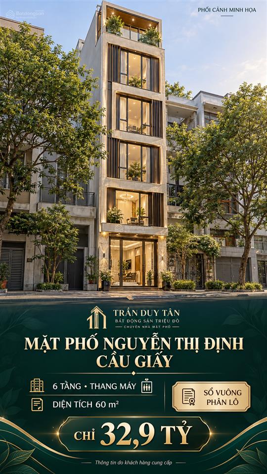 Mặt phố nguyễn thị định, cầu giấy 6 tầng thang máy, 60 m, sổ vuông phân lô.