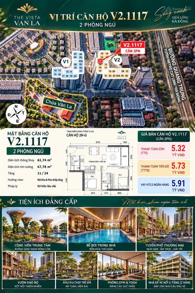Căn hộ 2pn diện tích 62m2 giá tốt the vista văn la bàn giao full nội thất cao cấp