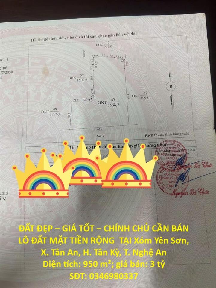 ĐẤT ĐẸP – GIÁ TỐT – CHÍNH CHỦ CẦN BÁN LÔ ĐẤT MẶT TIỀN RỘNG TẠI Xóm Yên Sơn, X. Tân An,