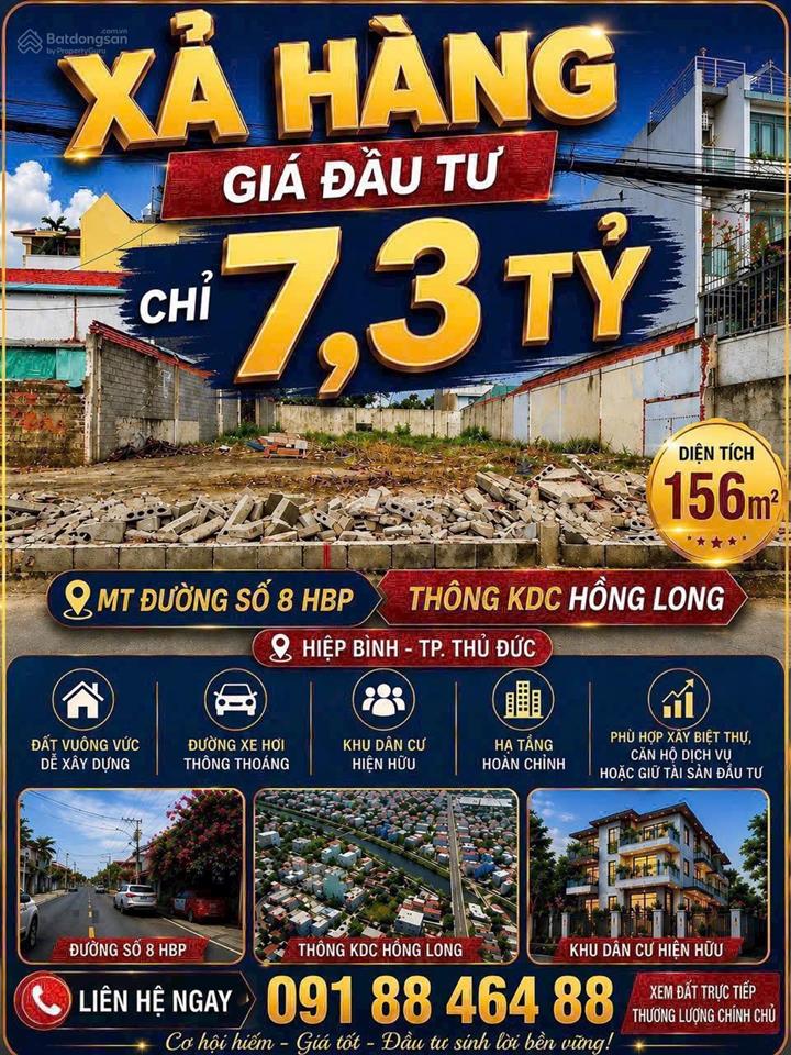 8,7 tỷ giảm 7,3 tỷ giá đầu tư h 156 ,1 m2. 46 tr/1m2 mặt tiền đường số 8 hiệp bình 4.15 x 37.6