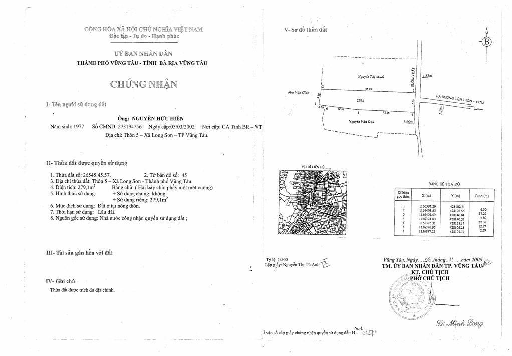 Bán qsdđ tại thửa 57, tờ bản đồ số 45 thôn 5, x.long sơn, tp.hcm
