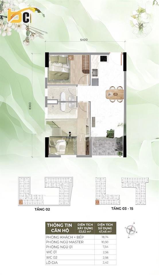 Căn hộ Bcons City Life 53.62m2, 2PN, Bình Dương