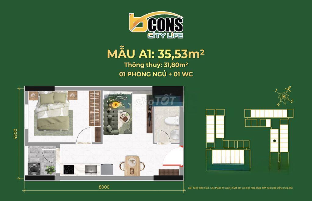 Căn hộ NOXH Bcons City Life 1PN 35.53m² Bình Dương