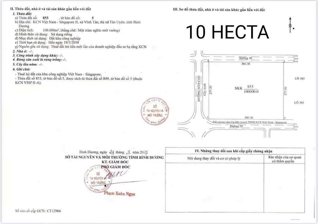Chuyển nhượng 10ha đất kcn vsip ii, bình dương giá 4,45 triệu/m2