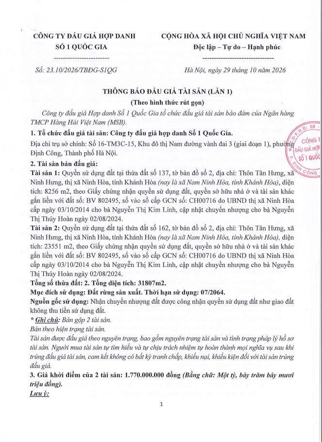 Tb bán đấu giá quyền sử dụng đất tại xã nam ninh hòa, tỉnh khánh hòa