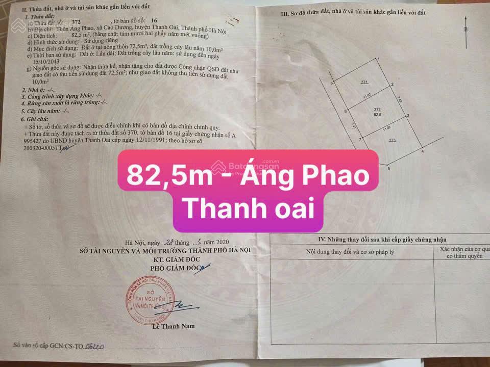 Bán đất thôn áng phao dân hòa thanh oai 82m², mặt tiền 7,21m, sẵn sổ, giá 37tr/m2