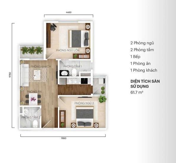 Bán căn 2 ngủ 62m2/ hướng tây nam/ tại gamuda central park giá chỉ 5,3 tỷ
