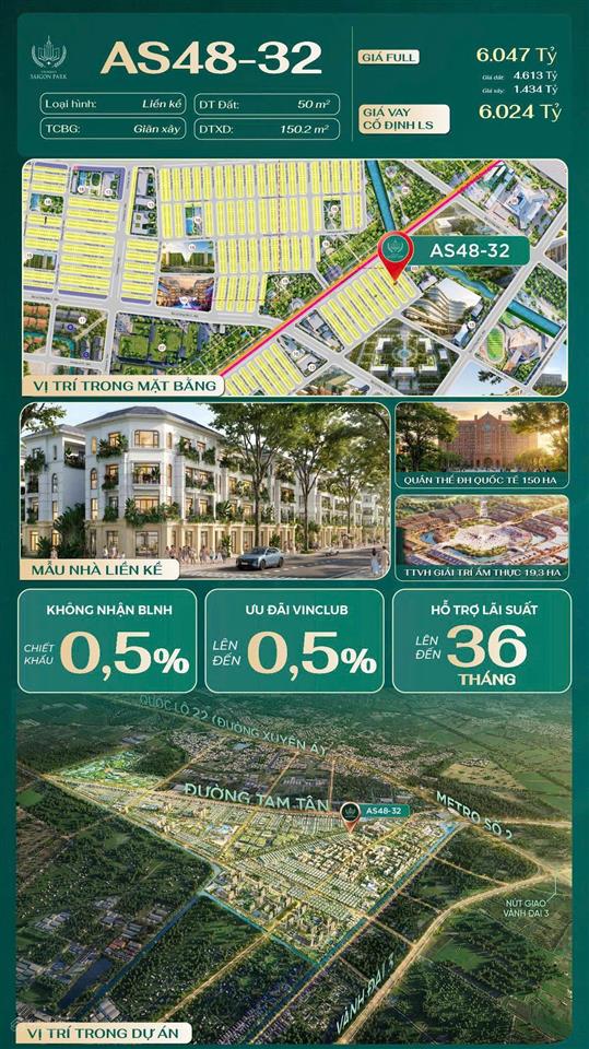 Bán nhà phố liền kề(as4832)vinhomes sài gòn park 50m2 4tầng 6,047tỷ xã xuân thới sơn tp.hcm