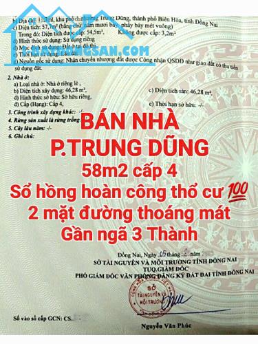 BÁN NHÀ TRUNG DŨNG, GÓC 2 MẶT ĐƯỜNG THOÁNG MÁT, SỔ HỒNG THỔ CƯ HOÀN CÔNG, GẦN NGÃ 3 THÀNH