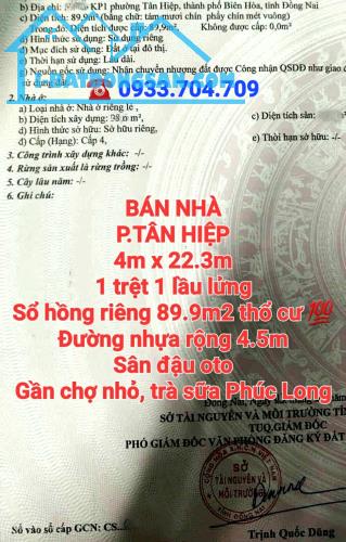 BÁN NHÀ ĐẤT TÂN HIỆP KP1, 1TRỆT 1LẦU LỬNG, SỔ HỒNG THỔ CƯ ĐƯỜNG NHỰA 4.5m SÂN OTO (NP1205)