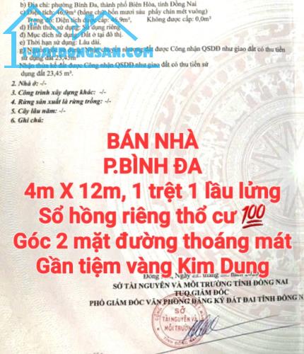 BÁN NHÀ BÌNH ĐA, 1TRỆT 1LẦU LỬNG, GÓC 2 MẶT ĐƯỜNG THOÁNG MÁT, SỔ THỔ CƯ
