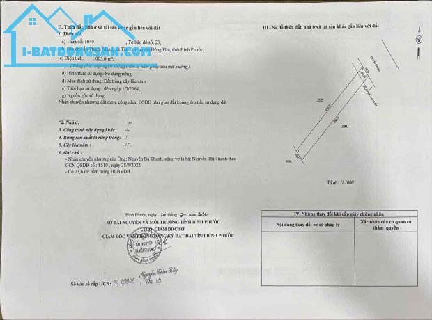 1040m2 ngang 10m mặt đường quốc lộ 13C Đồng Phú Bình Phước giá 500 triệu