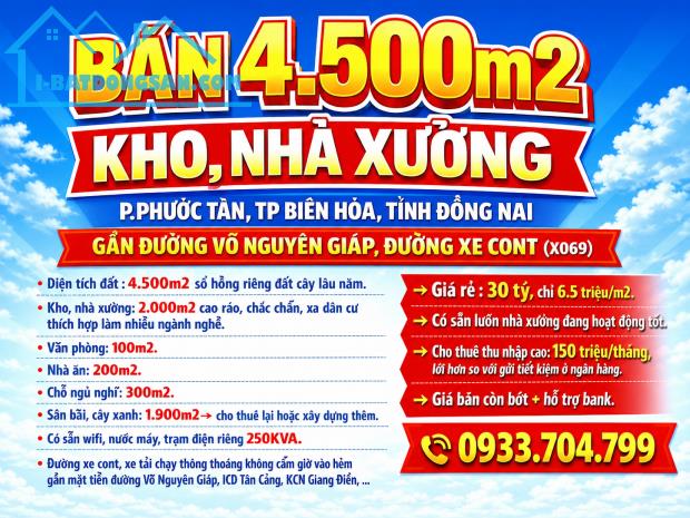BÁN 4500m2 KHO, NHÀ XƯỞNG P.PHƯỚC TÂN, BIÊN HÒA, ĐỒNG NAI GIÁ RẺ ĐANG CHO THUÊ 150TR/THÁNG