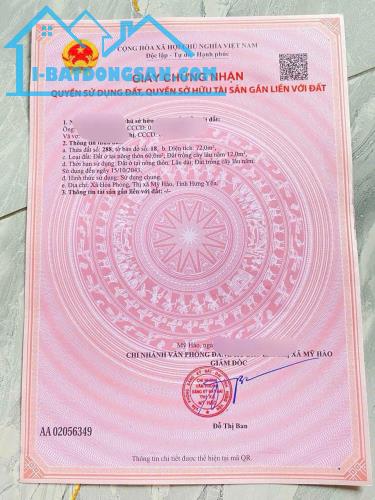 Mỹ Hào 72m nhỉnh 1ty ô tô 7ch cách đường nhựa liên tỉnh 40m Lh 0961503168