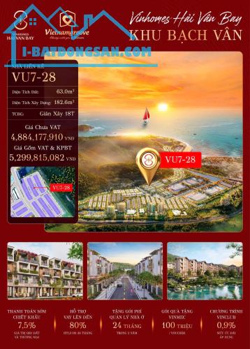 5,2 TỶ (100%) SỞ HỮU CĂN NHÀ PHỐ LIỀN KỀ 63M2 TẠI VINHOMES HẢI VÂN BAY - GẦN BÊN SUỐI MÁT