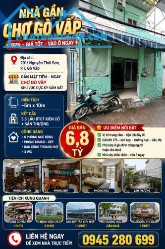Nhà gần Chợ Gò Vấp, 5x10m, 3,5 lầu, 6 PN, hẻm sát MT Nguyễn Thái Sơn, giá 6,8 tỷ TL