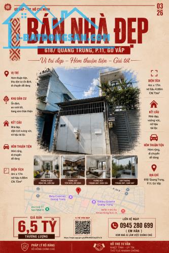 Chỉ 89tr/m2 HXH 638 Quang Trung P11 cách MT đúng 100m 4x17 nh 4.66M CN 73M² giá 6.5 tỷ TL