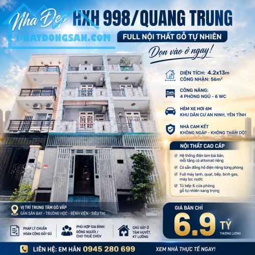 HXH 998 Quang Trung P8 4L fulll NT 4,2X12,8M CN 56M2 KV đồng bộ an ninh, chỉ 6,9 TỶ TL