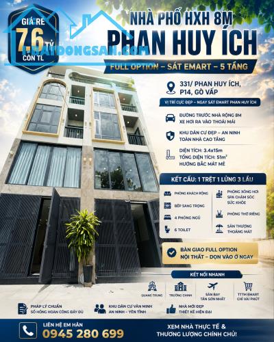 Gấp! Bán HXH 8M Phan Huy Ích P14 3.5X15 CN 51M2 full option 5T 4PN sát Emart giá 7,6 Tỷ TL