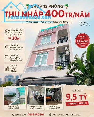 CHDV 81 PHẠM VẮN ĐỒNG P3 4,7X17 CN 80M2 ĐCT 13P TN 400tr/năm cách MT 30m giá 9,5 tỷ TL